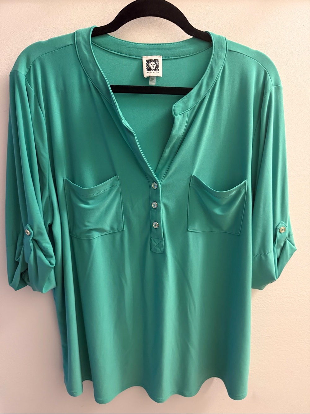 Anne Klein Teal Roll-Tab Henley Tunic with Pockets